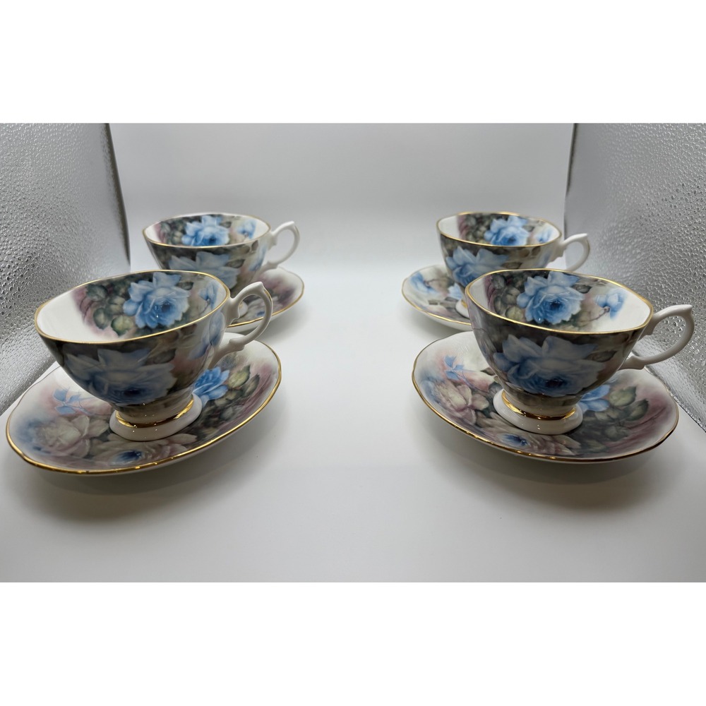Vintage Royal Garden Rose Blossom Teacup & Saucer Set of 4 Staffordshire England